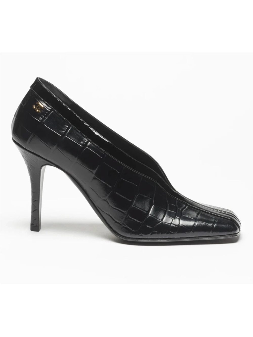 Chanel 26S Blazy Black Crocodile Croc Embossed Patent CC Gold Logo Heel Pump 41 - Picture 3 of 16